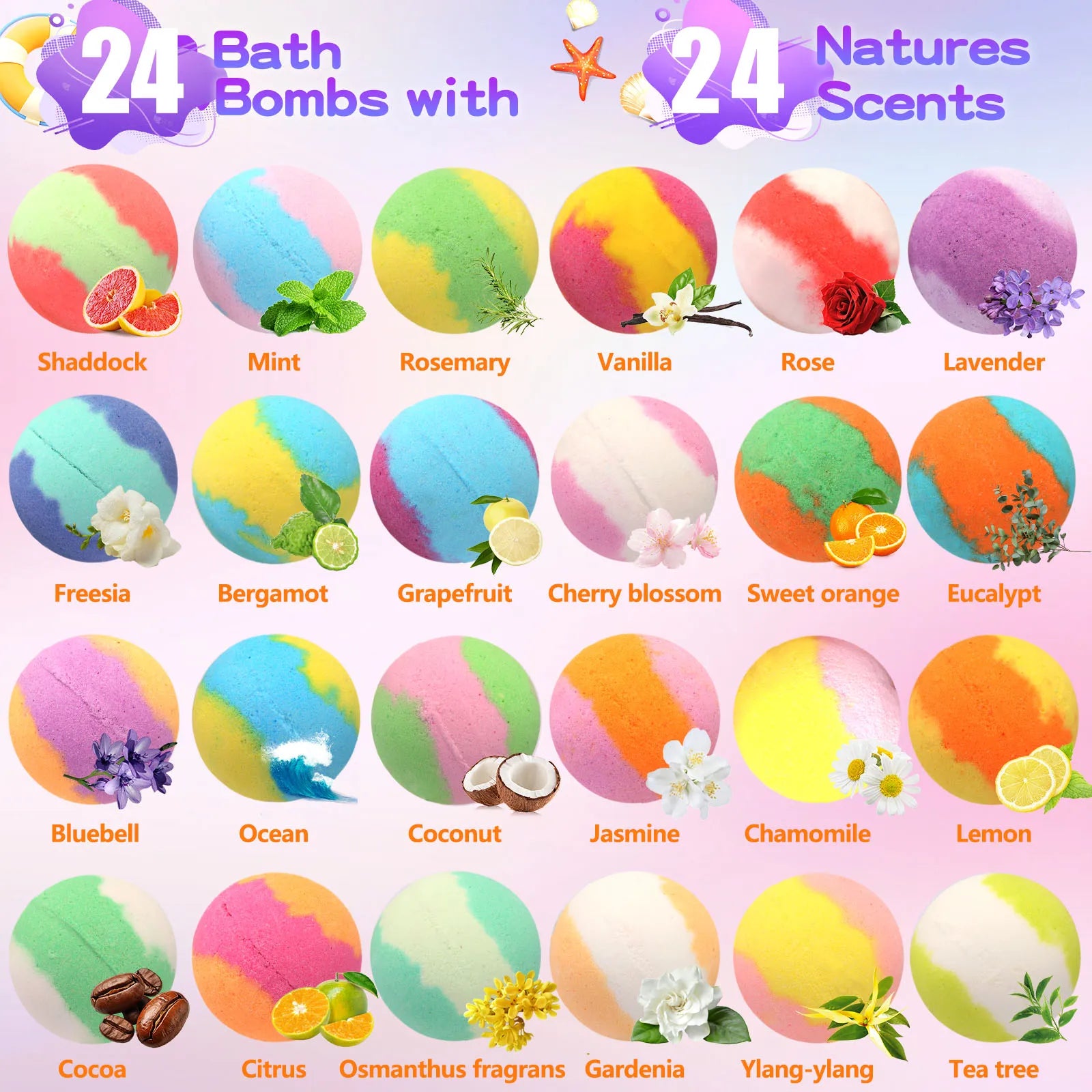 24 Pack Natural Organic Bath Bombs for Kids